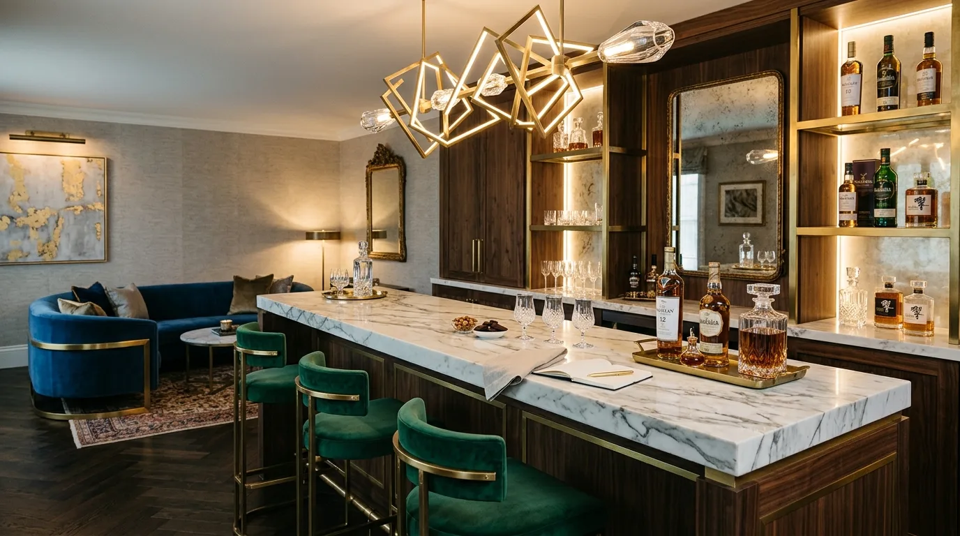 Use a rug to soften the darker furnishings inspiration for a home whiskey lounge.